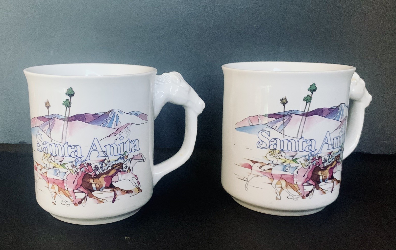 Set Of 2 Vntg 70-80’s Calif Santa Anita Race Track Mugs-Sienic design/Horse Head Set Of 2 Vntg 70-80’s Calif Santa Anita Race Track Mugs-Sienic design/Horse Head
