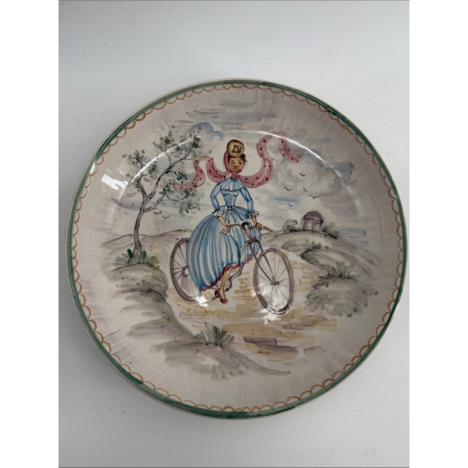 Vintage Ulmer Keramik Germany Hand Painted women bicycle 13\