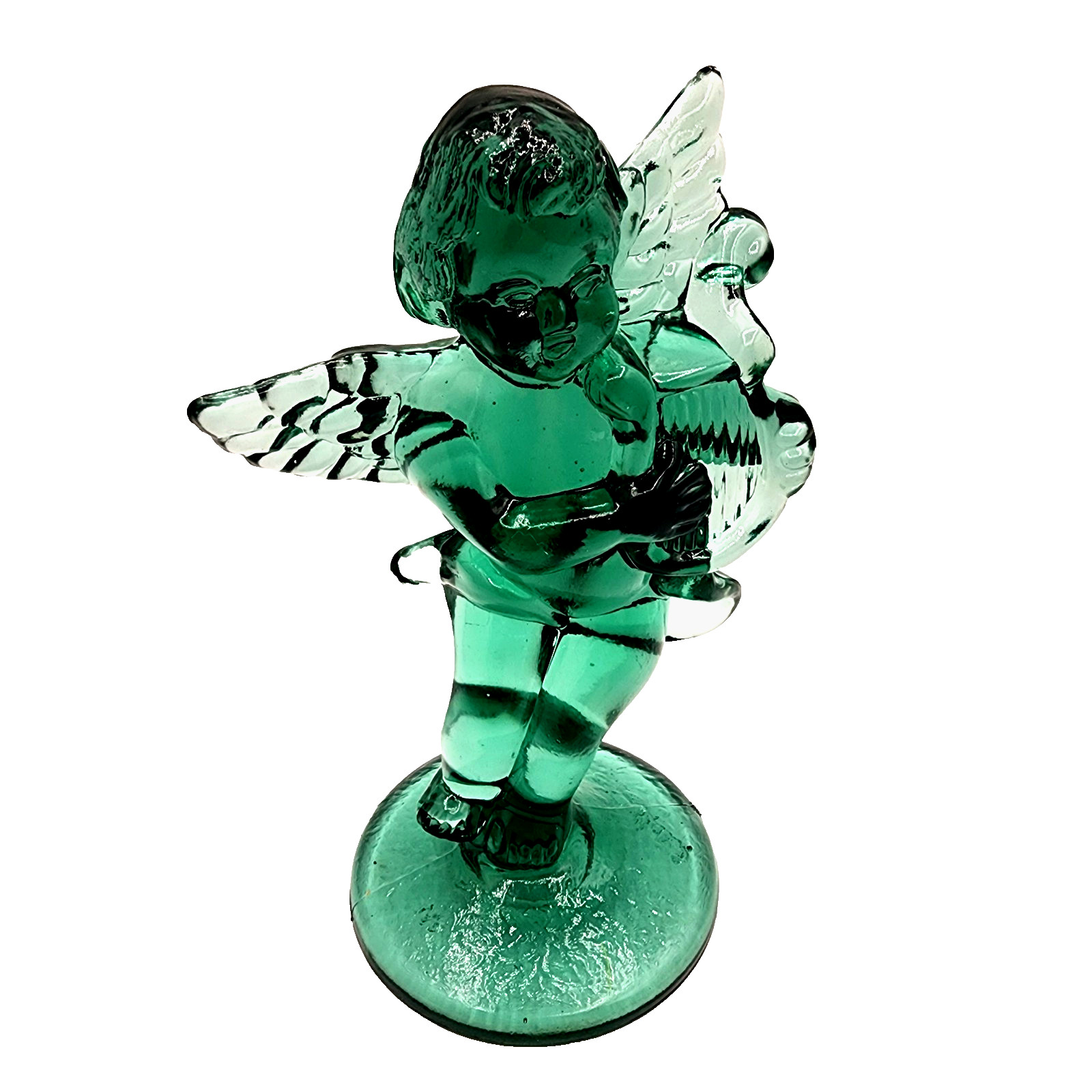 Wilkerson Glass Angel Signature Figurine W/ Harp Spruce Green Black Light Shine