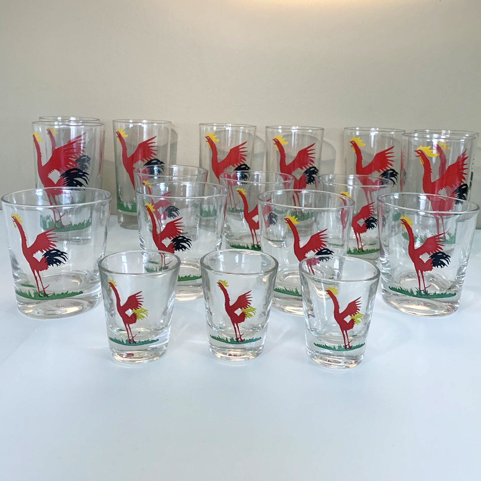 Vintage Federal Rooster Rocks Glasses Mid Century Barware Retro 1950s 19 pc set