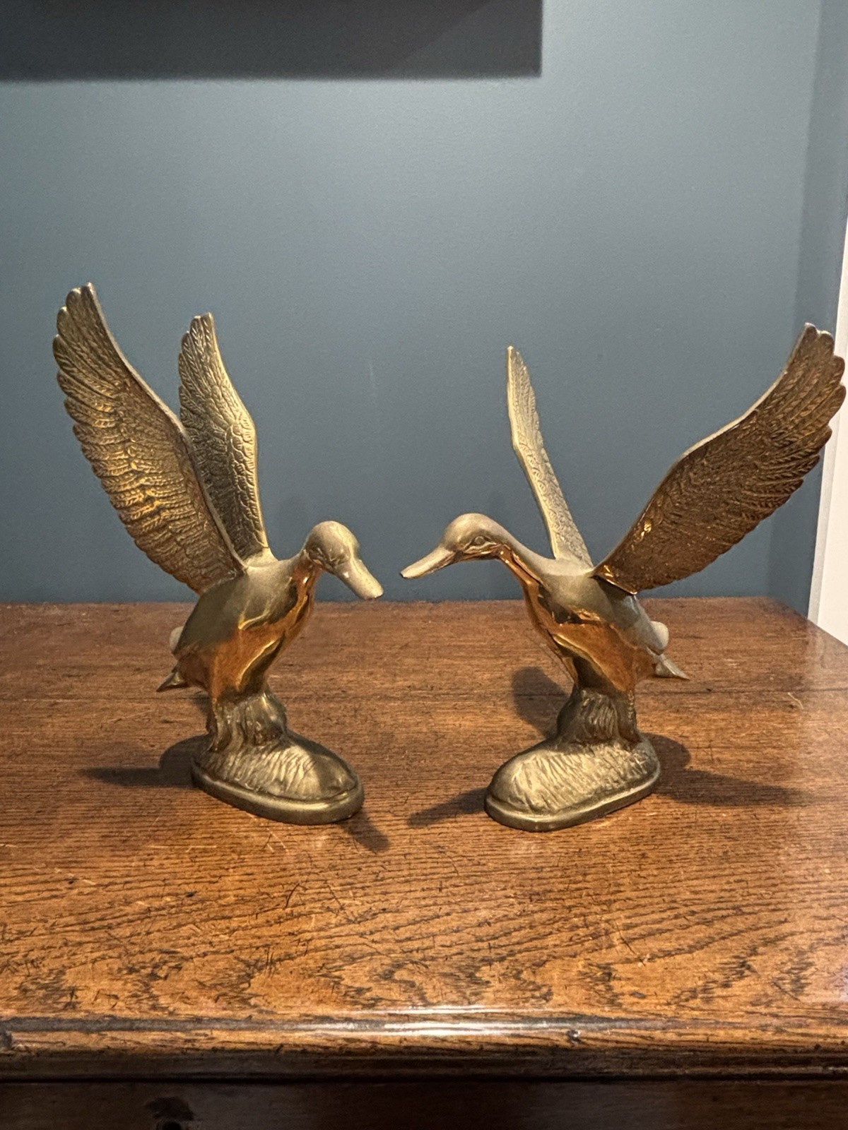 Vintage Solid Brass Flying Ducks Set of 2 Large 11” Mallard Geese MCM Decor Pair