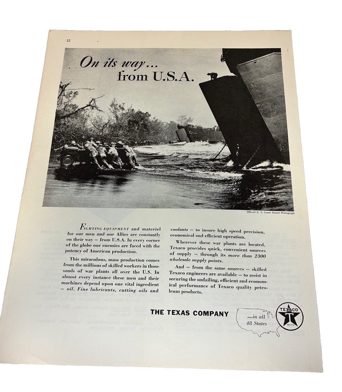 Vintage WWII Texaco Advertisement 1940s Military U.S.A. Coast Guard Mag. Page