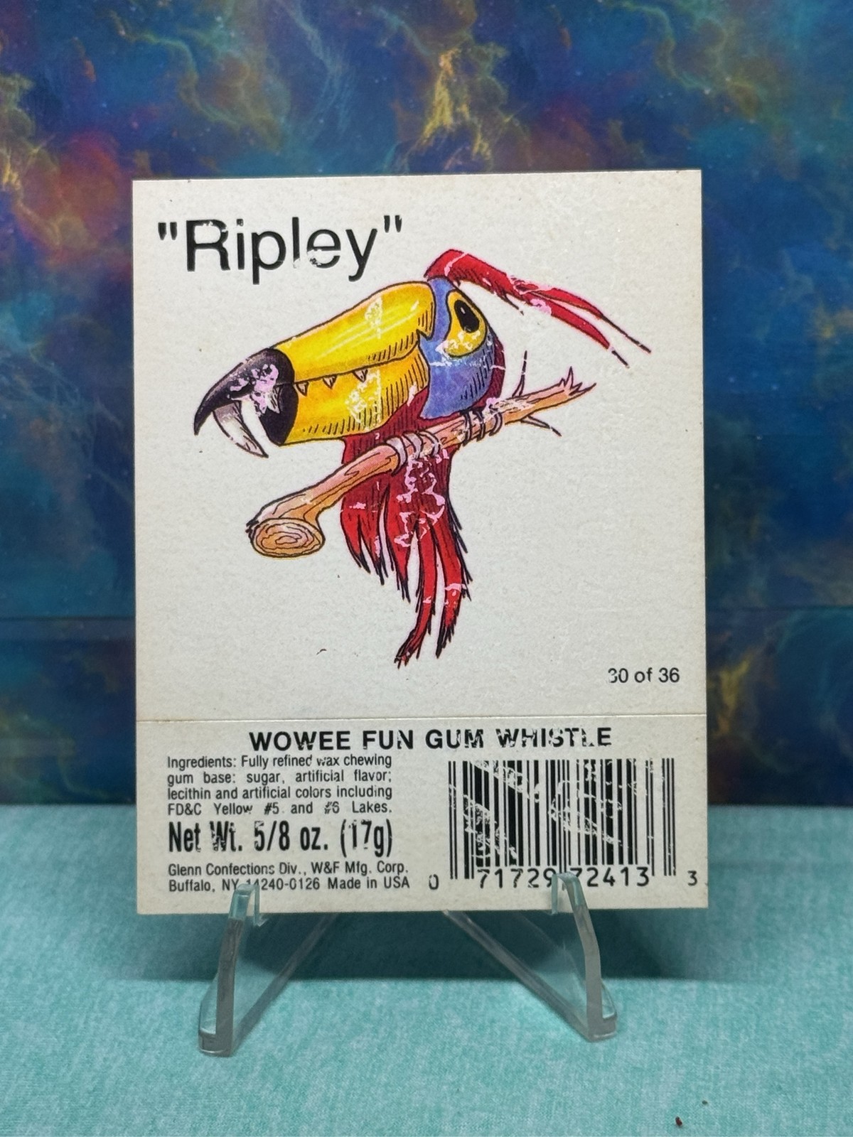 Vintage Wowee Fun Gum Whistle Ripley Parrot #30 of 36 Glenn Confections Card