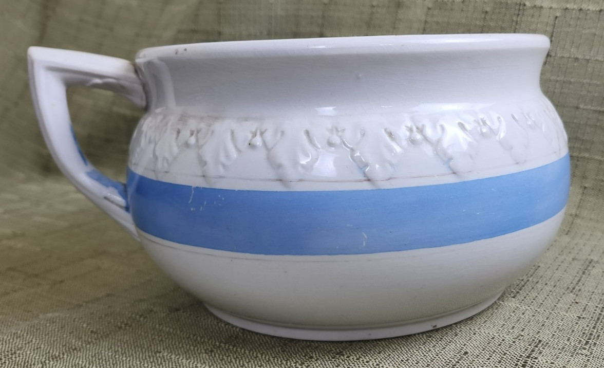 Vintage St Paul Stoneware Ceramic Chamber Pot w/Handle, Blue Stripe & Leaf Motif