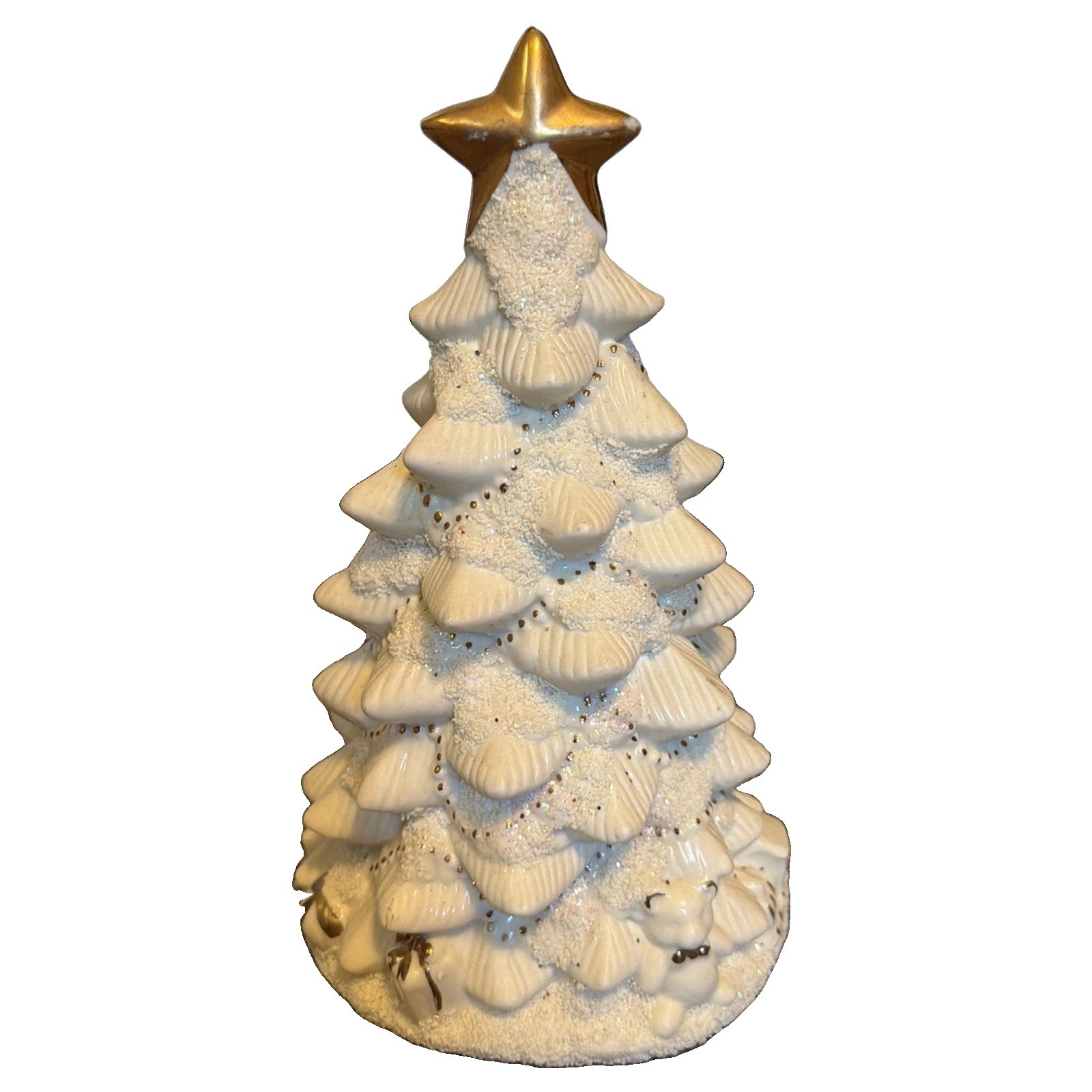 Vintage White Ceramic Christmas Tree w/Gold Star Topper & Embellishments, L 9\