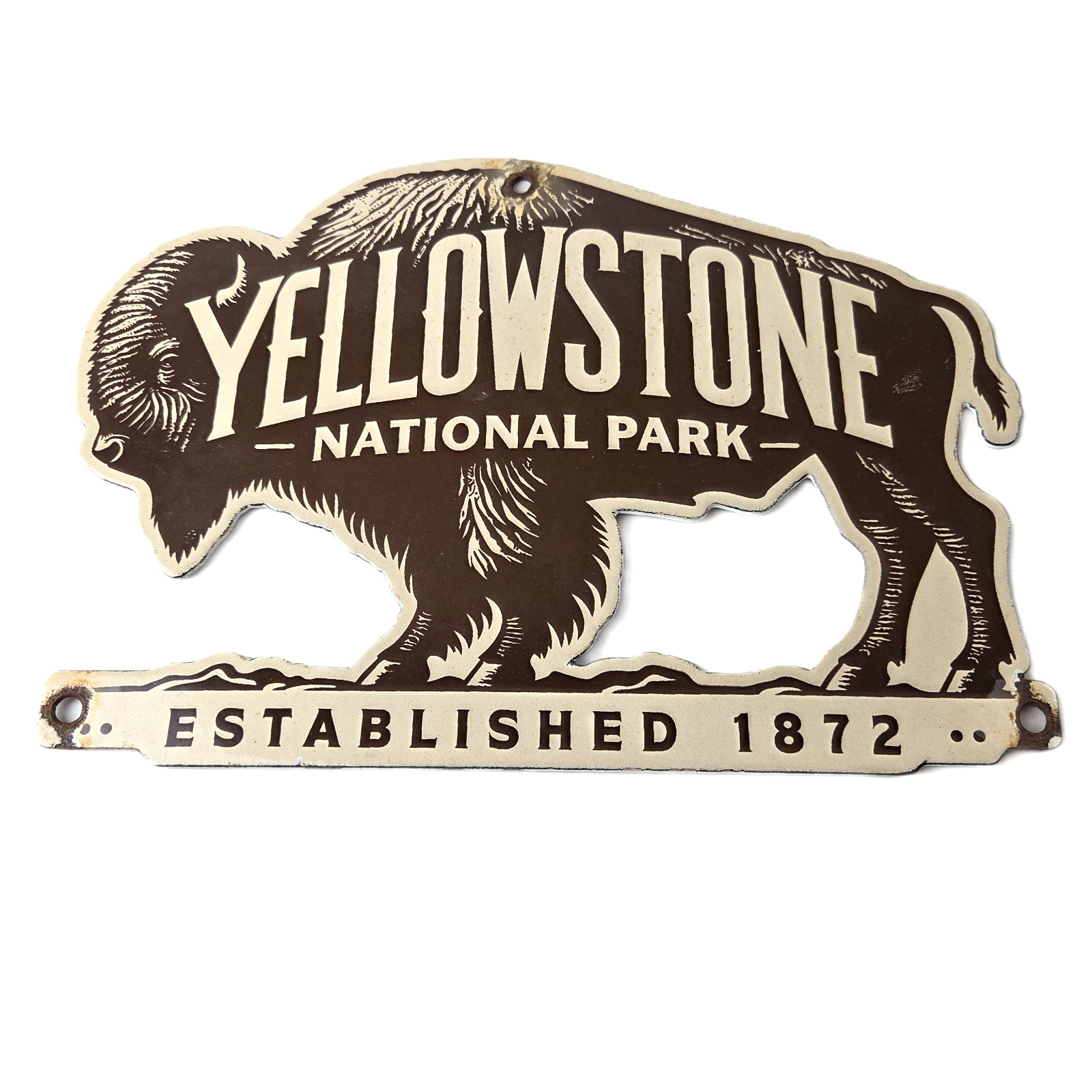 Vintage Yellowstone National Park Porcelain Sign - Bison Buffalo Wyoming Sign