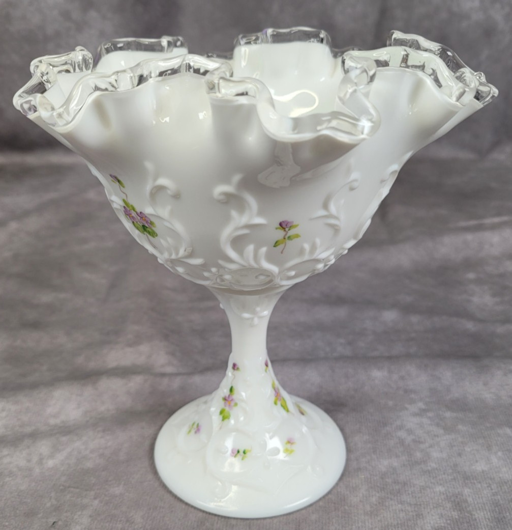 Fenton Silver Crest Compote Violets in the Snow Hand Painted Milk Glass Pedestal
