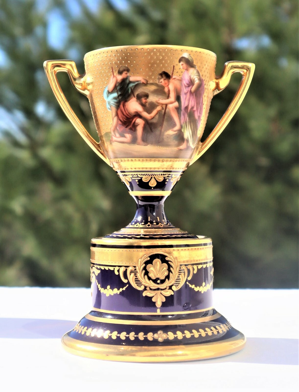 Rare (Fine Quality) 1880s Royal Vienna Pedestal Trophy Vase w/ 24k Gold Accents