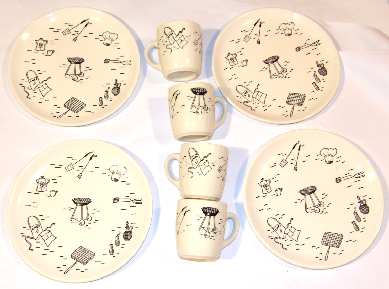 VTG UNUSED 1960s SCIO POTTERY BARBEQUE/BAR-B-Q 8 PIECE SET CUPS/PLATES OHIO USA