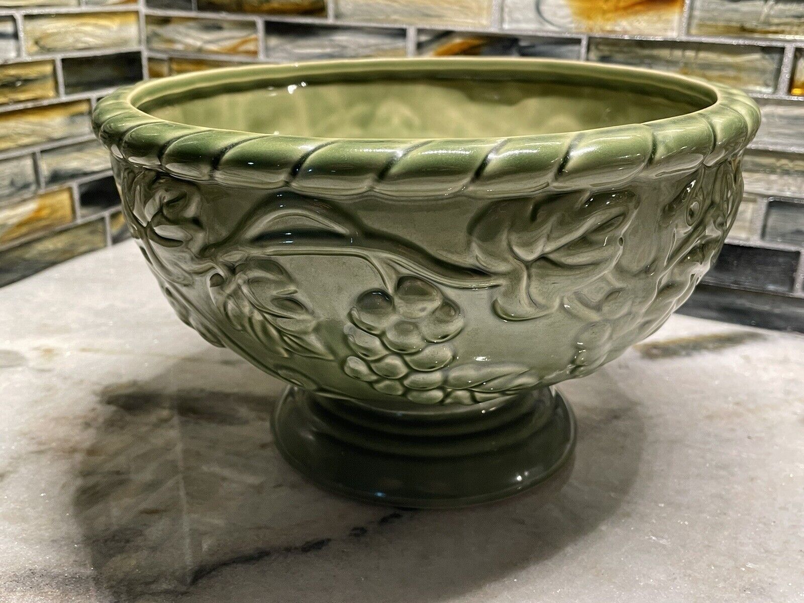 Vintage Hosley Pottery Potteries Planter 1930's Glazed Green Grape Vine Leaf