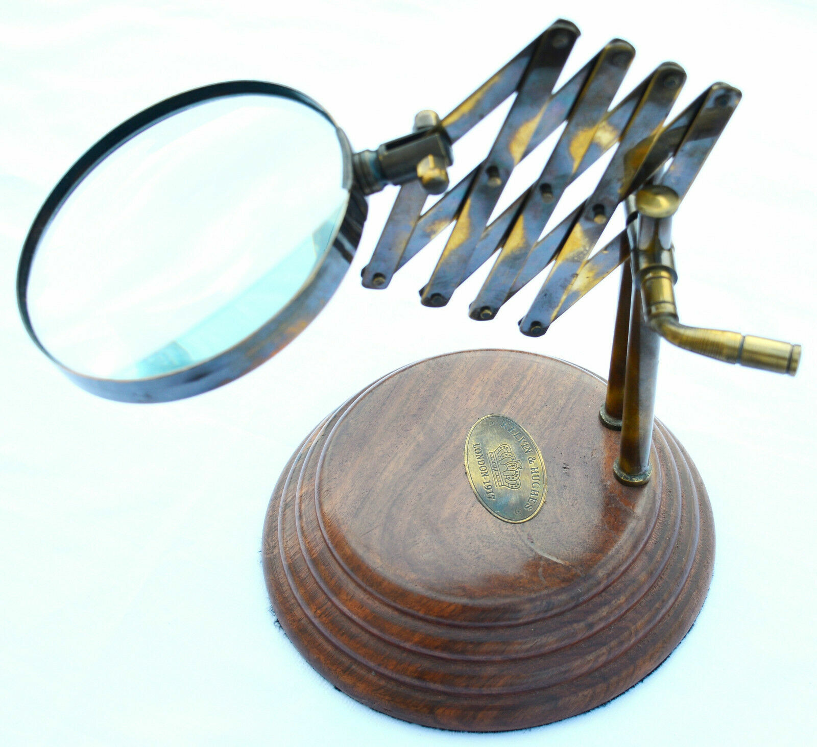 Old Desk Top Channel Magnifier Brass Vintage Magnifying Glass on Wooden Stand