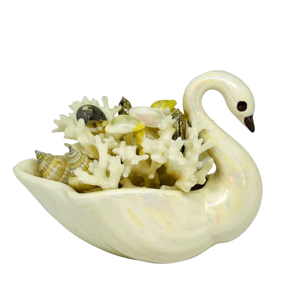 Swan Lusterware Iridescent Porcelain Bird Filled Coral Seashells Figurine 5\