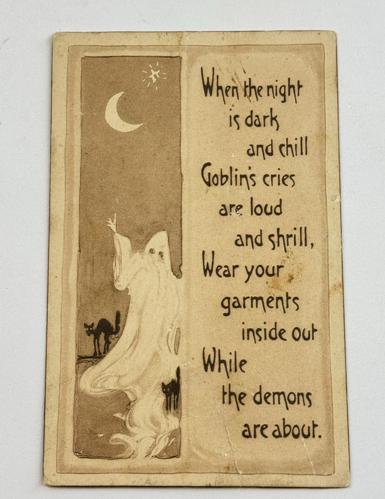 Gibson Halloween Ghost Black Cat Goblin Crescent Moon Postcard 1919 Scarce