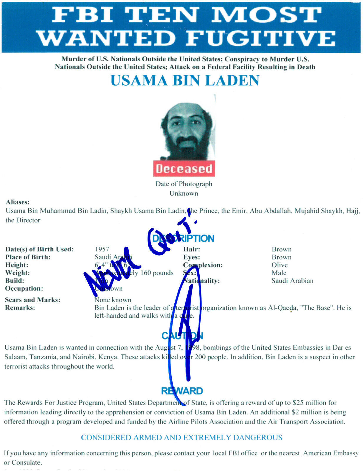 Rob O\'Neill Signed Autograph 8.5x11 Bin Laden Wanted Sign Photo Beckett BAS