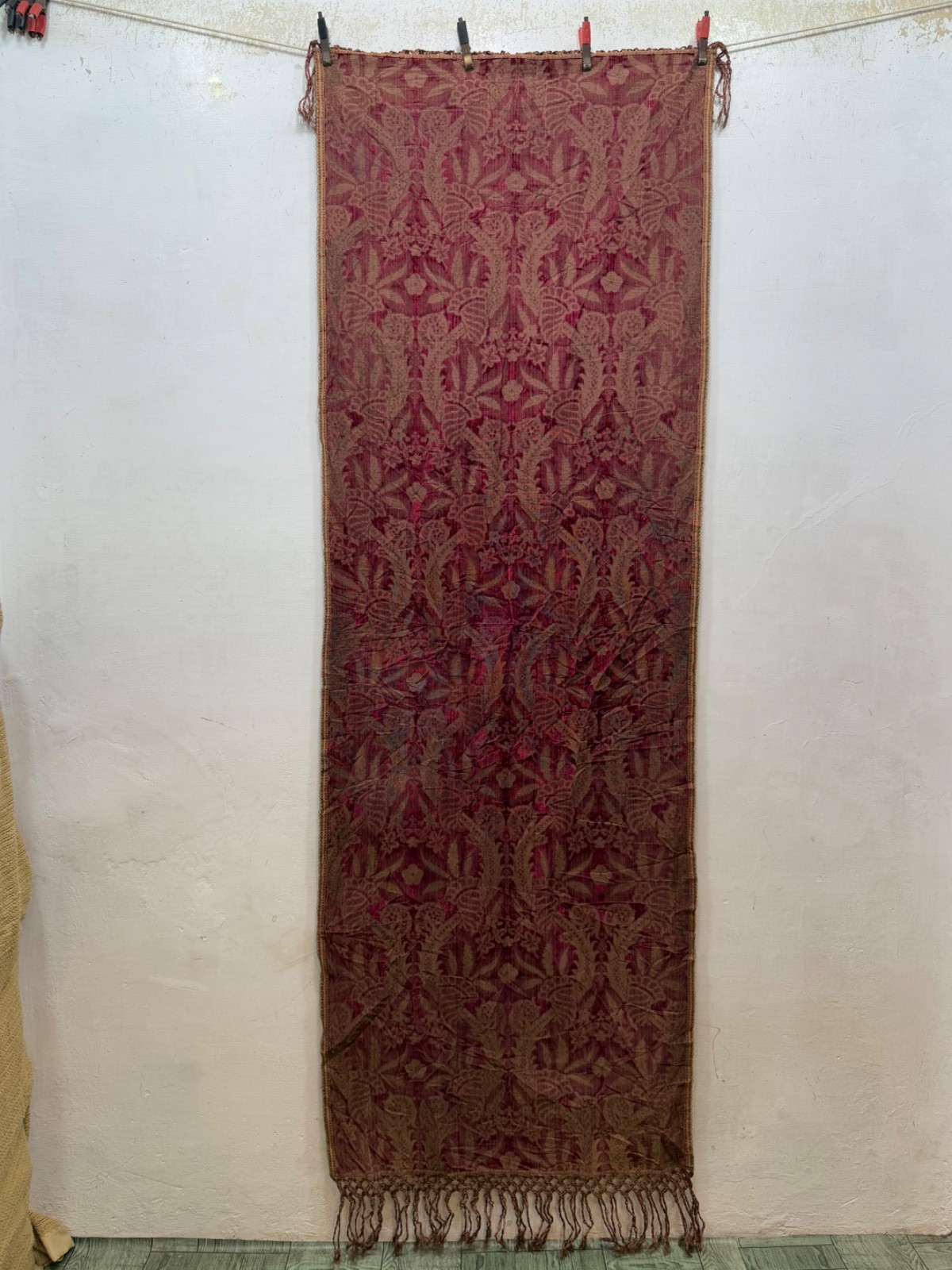 Vintage Gorgeous Metal Thread Work Wall Hanging Textile Panel 198x68 Cm