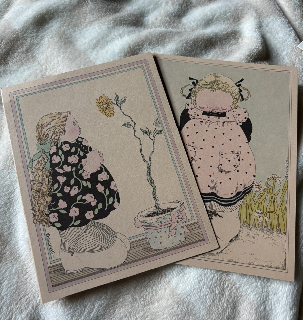 Vintage Michel & Co Lot of 2 Unused Thank You Cards Whimsical Girl Flower Cute