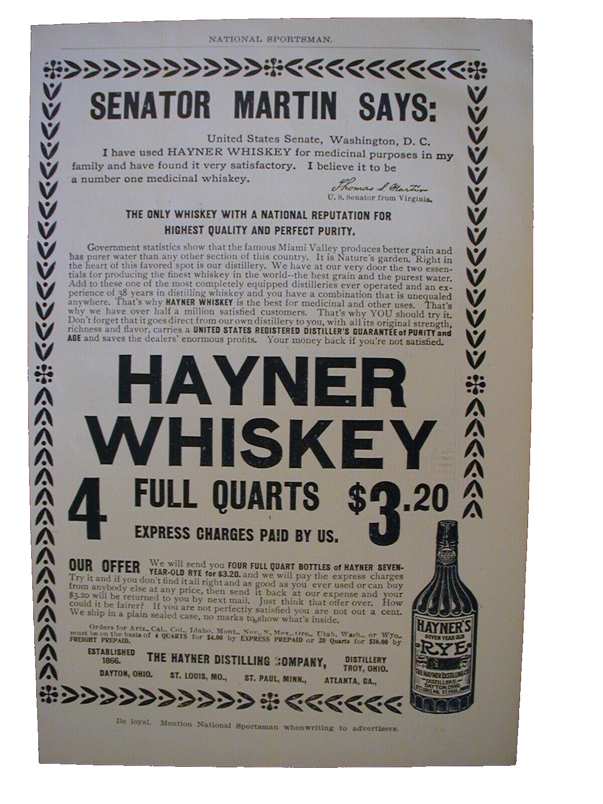 1905 Hayner Whiskey 4 Full Quarts $3.20 Troy, OH Antique VINTAGE PRINT AD72