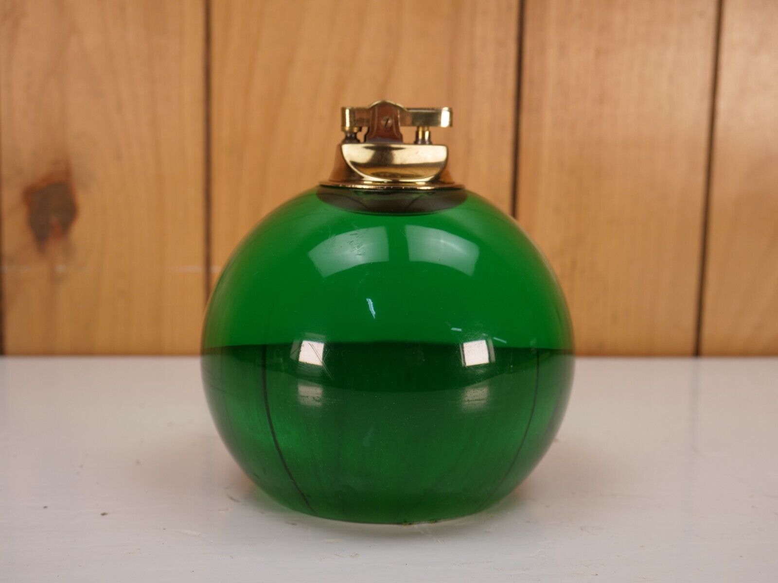 Vintage Large Lucite MCM Green Globe Orb Table Lighter