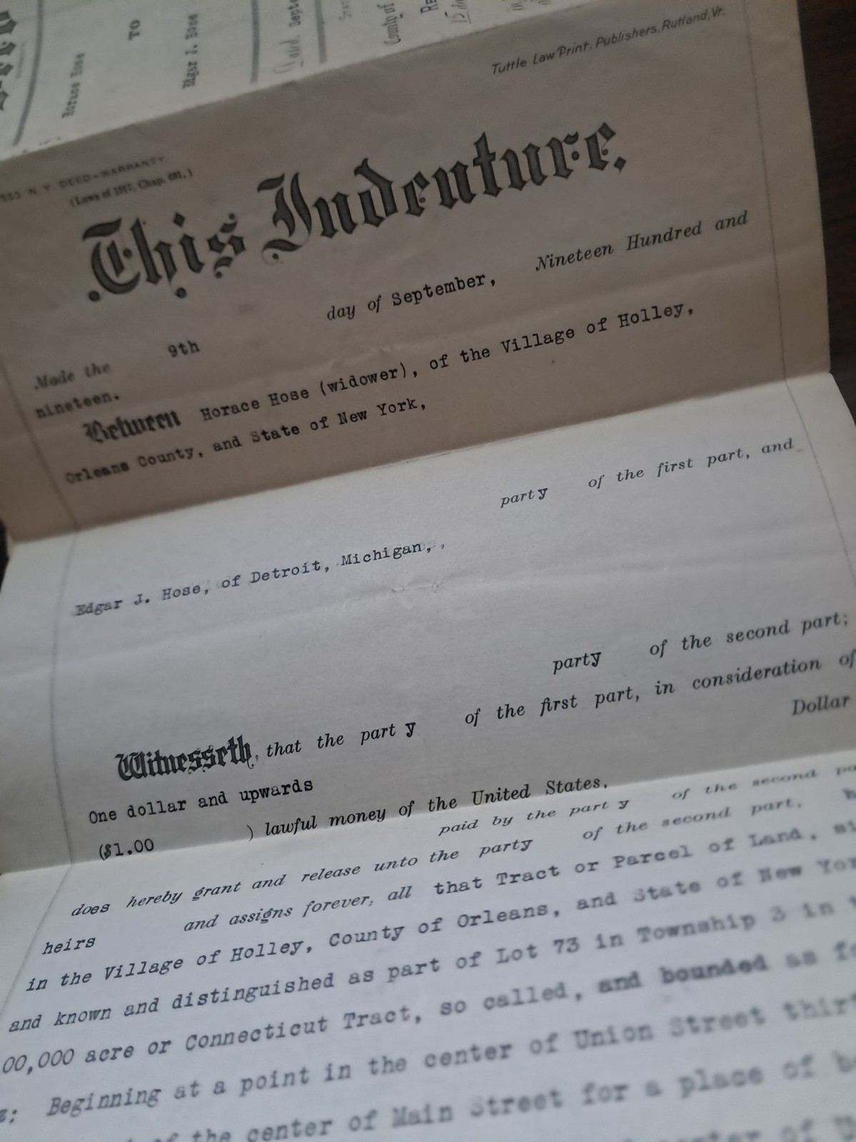 1919 HOLLEY NEW YORK ORLEANS COUNTY antique DEED LAND Horace Hose  family