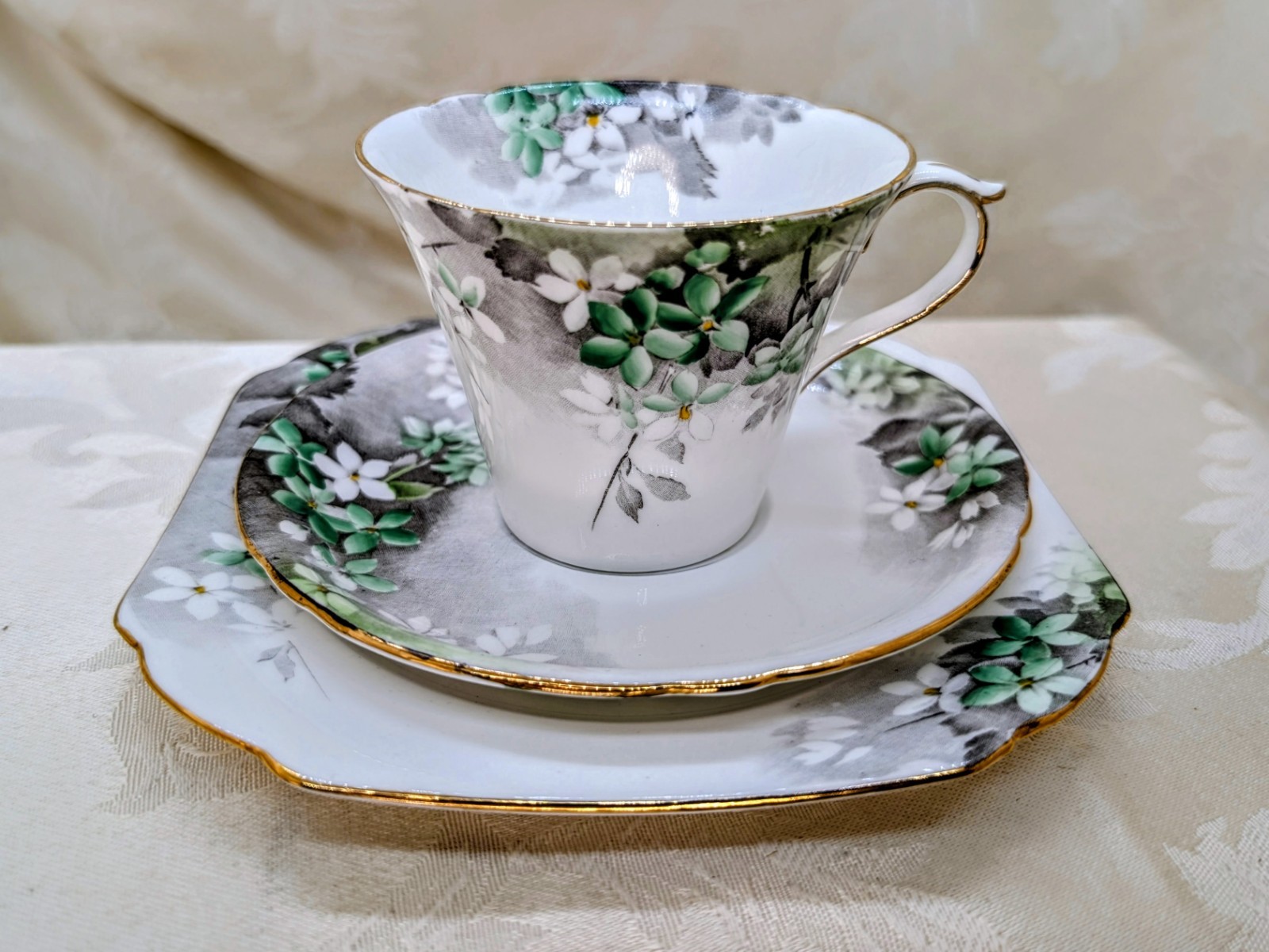 Vintage 1930s Shelley Regent Tea Trio 0234 Green Floral Teacup Saucer Side Plate