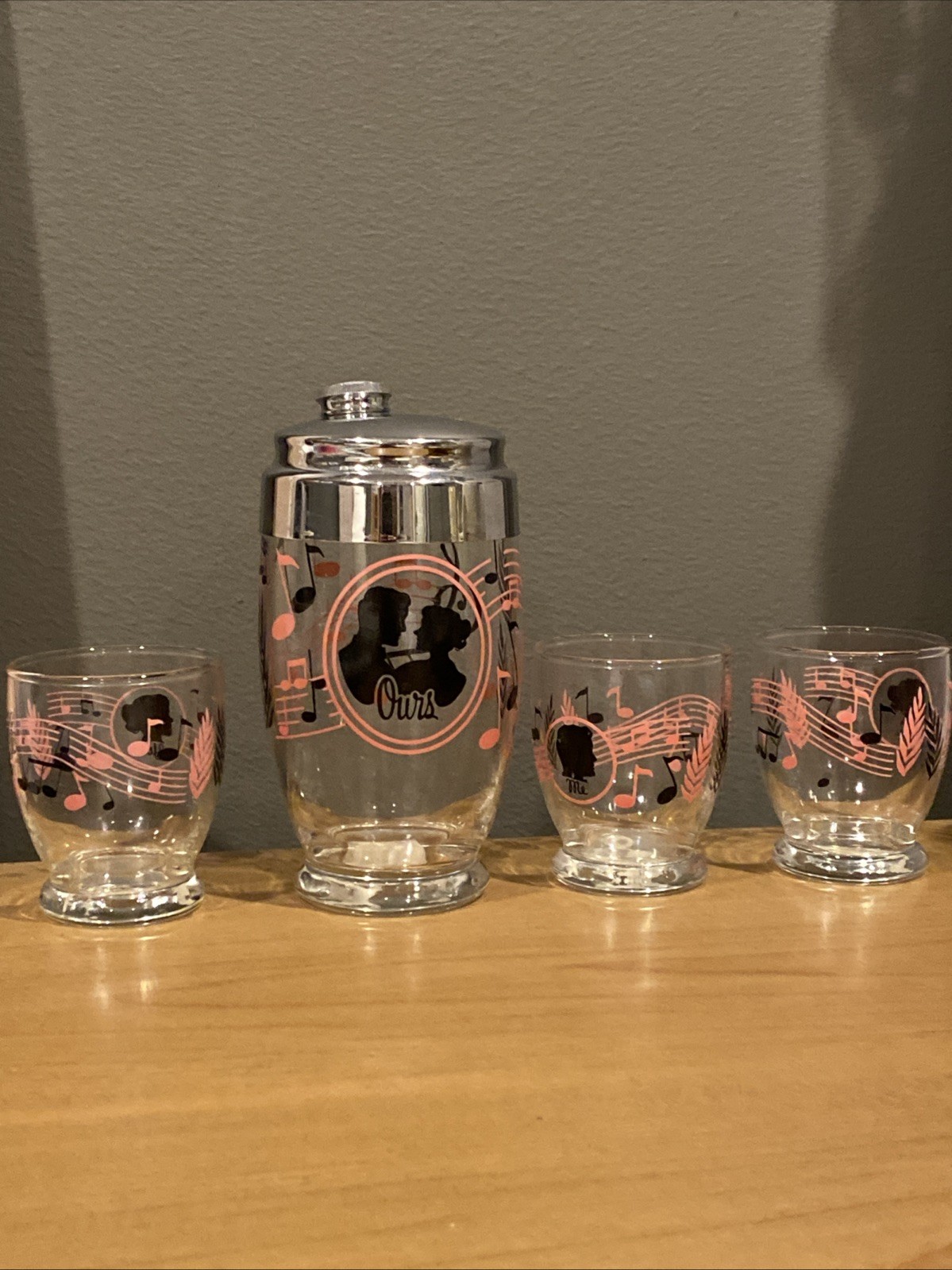 Vintage “You Me Ours” Cocktail Drink Shaker Music Note 3 Shot Glass Set