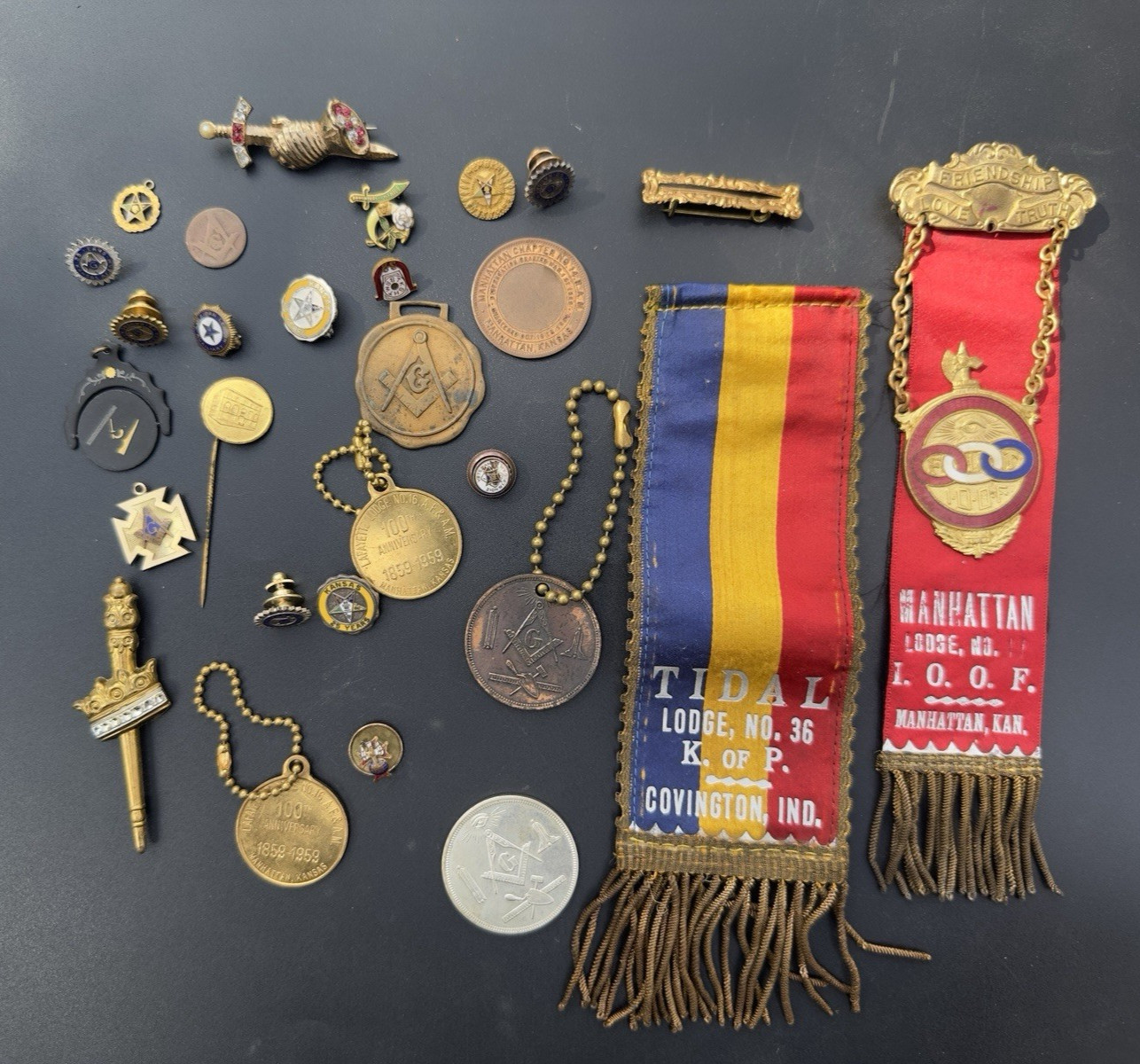Lot Of Antique and Vintage Fraternal Masonic Pins, Medals, Coins, Fobs Mason