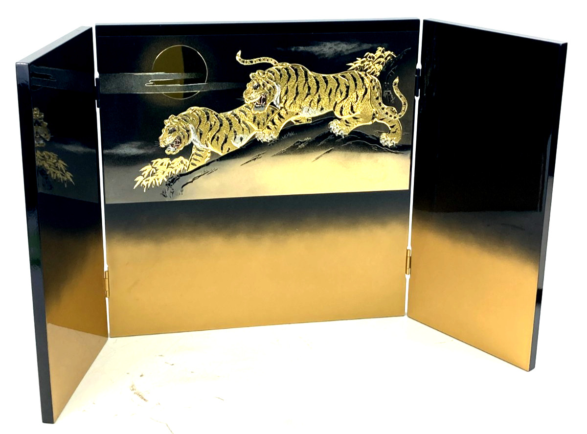 Japanese Vintage Byobu Mini Folding Screen Tiger Gold Lacquer Tabletop SA0734