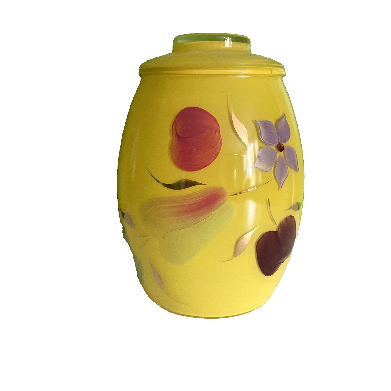 Vintage MCM Bartlett Collins Yellow Glass Cookie Jar Fruit Flowers hand painted