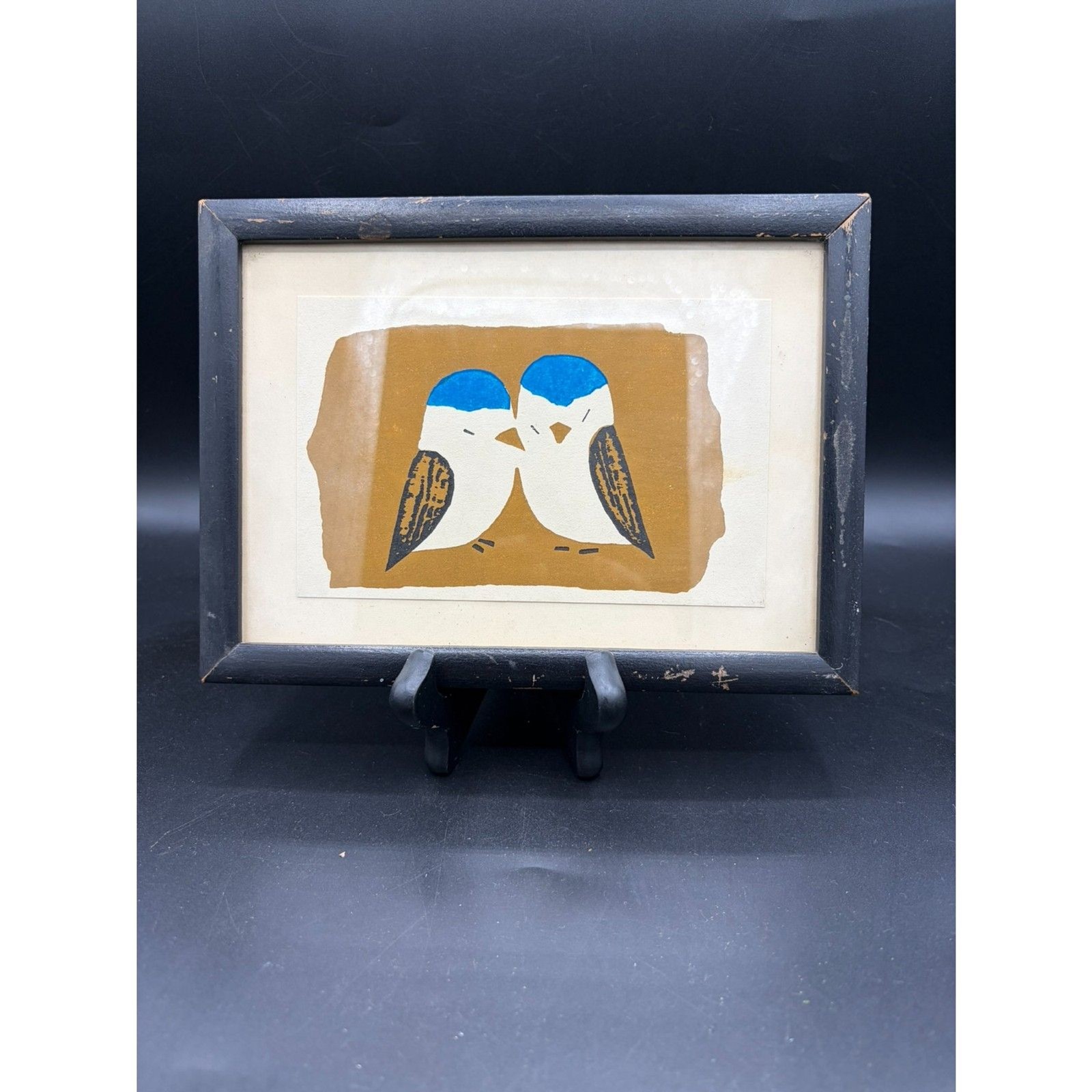 Vintage MCM Blue Birds Woodblock Style Print Aaron Brothers Frame Folk Art 1950s