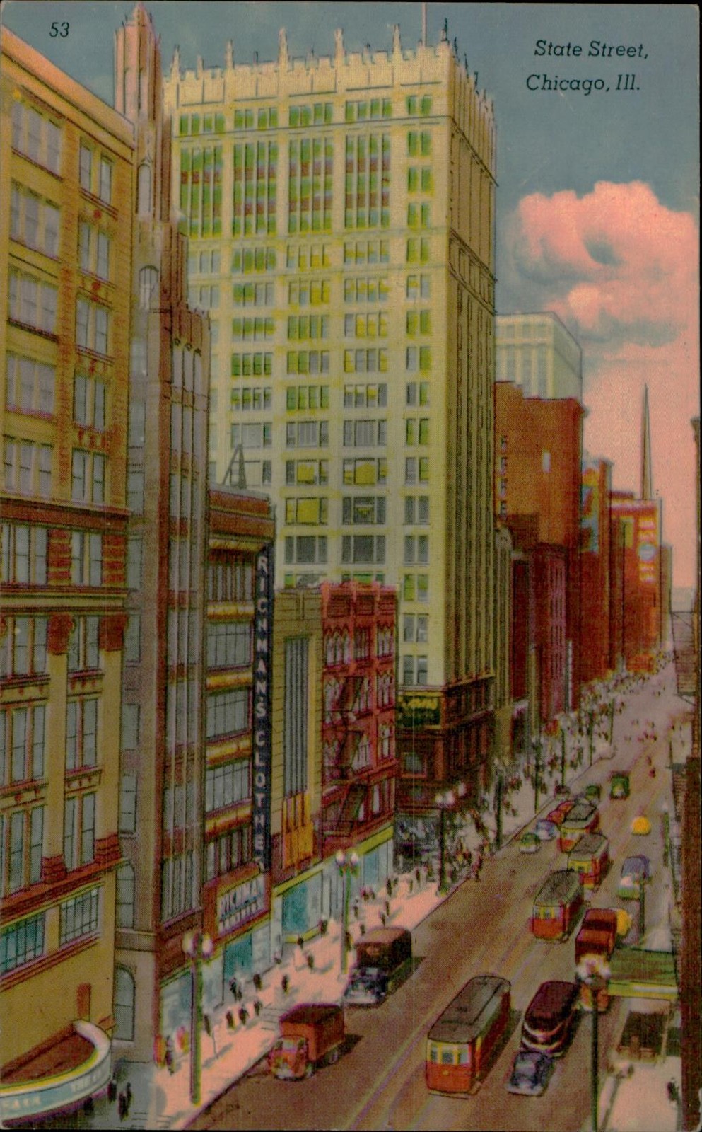 State Street Chicago Ill Postcard Vintage Color Streetcars Trolleys Unposted
