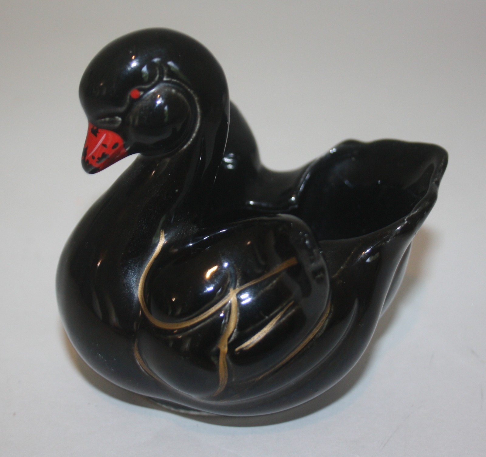 Vintage Black Ceramic Swan Planter 50's Figurine