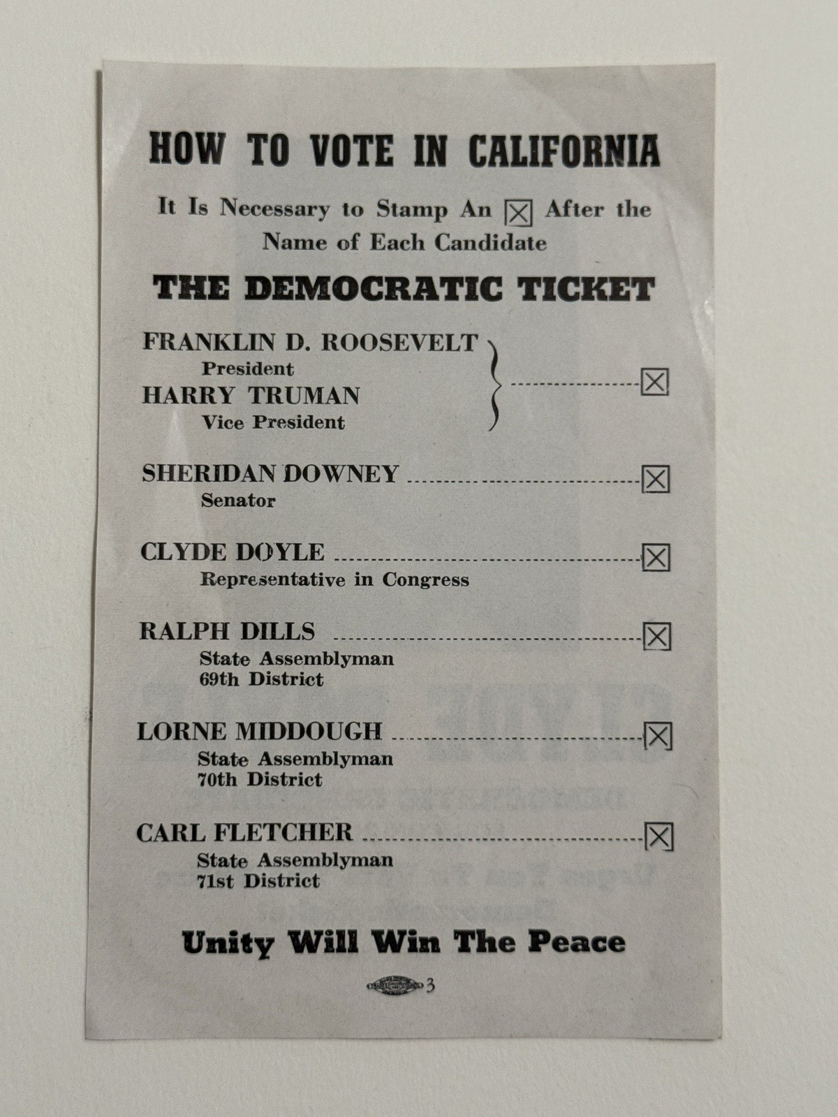 1944 Clyde Doyle Congress Calif. Democratic Campaign Flyer w/ Roosevelt Truman