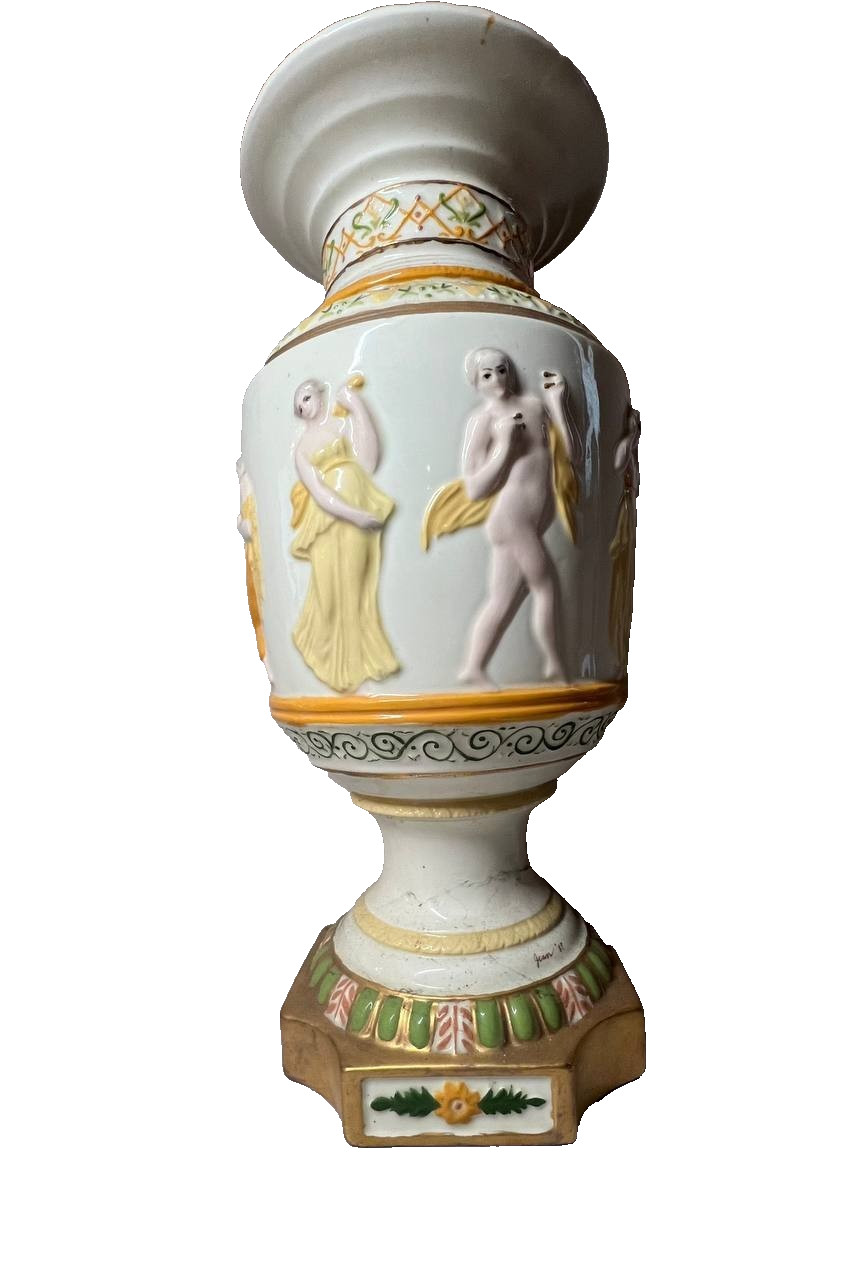Vintage Classical Porcelain Vase Urn Relief Cherubs Figures Neoclassical Decorat