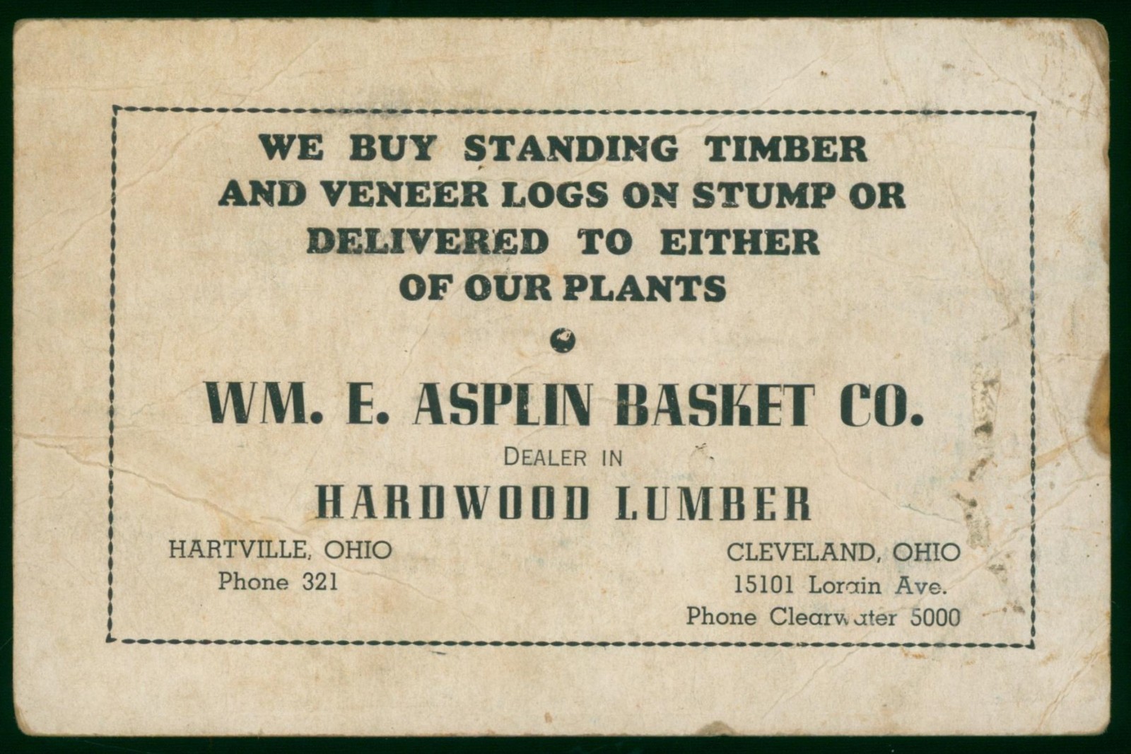 1939 Wm E Asplin Basket Co Doyle Log Rule Trade Card Hartville Cleveland OH
