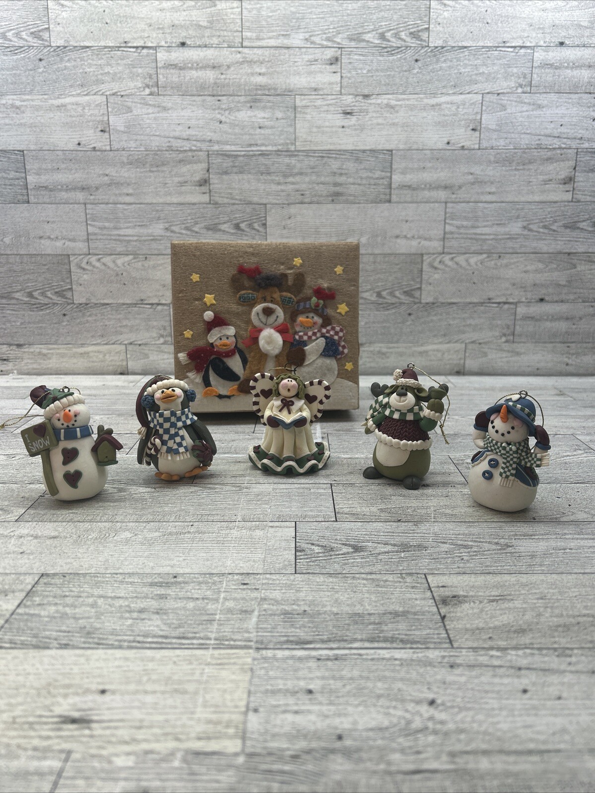 5 Vintage Handmade Polymer Clay Christmas Ornaments & Decorative Box 5 Vintage Handmade Polymer Clay Christmas Ornaments & Decorative Box