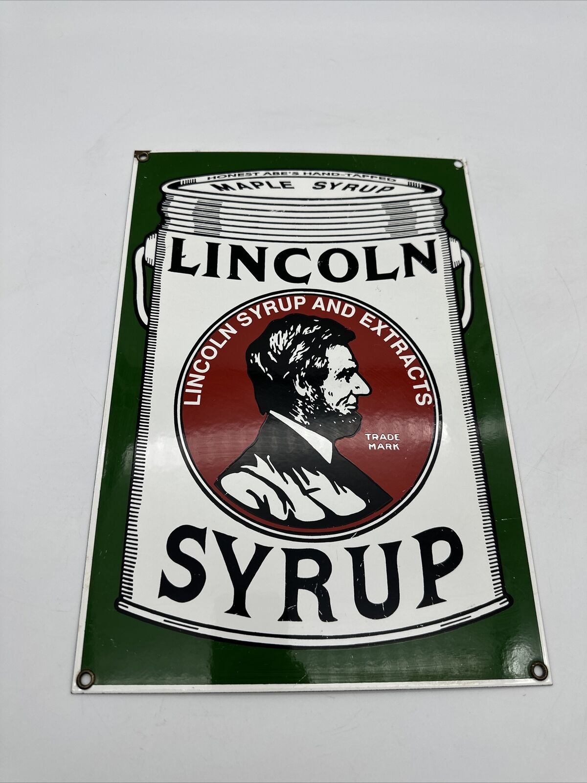 Lincoln Syrup Porcelain Enameled  Sign Abe Abraham 13\