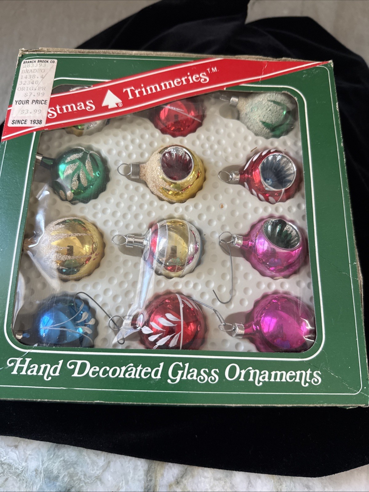 VTG  Bradford Trimmings Etc  Tree Ornaments 12 Glass Minatures W/ Box