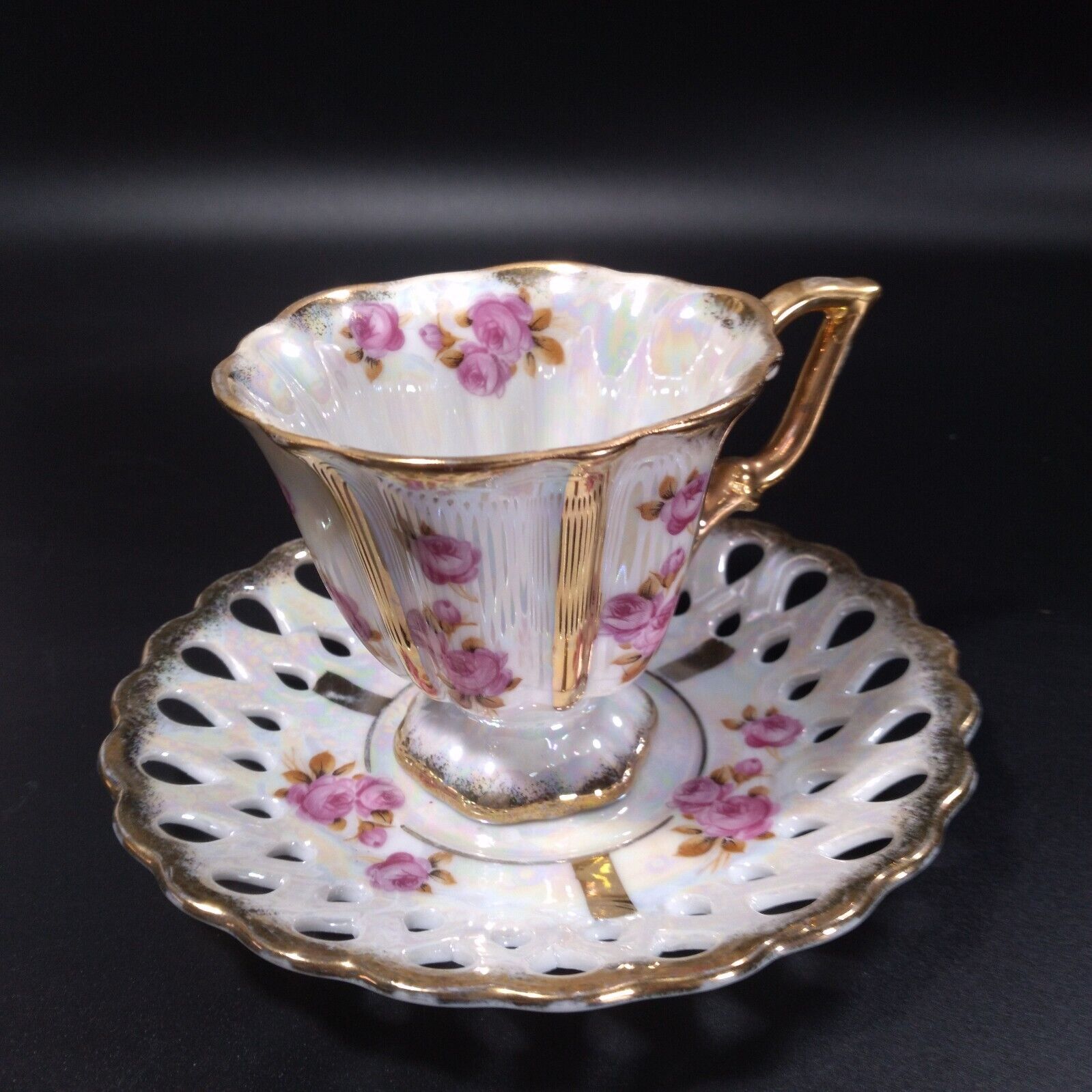 Royal Sealy Bone China Footed Cup Pierced Saucer Iridescent Pink Roses Gold Trim