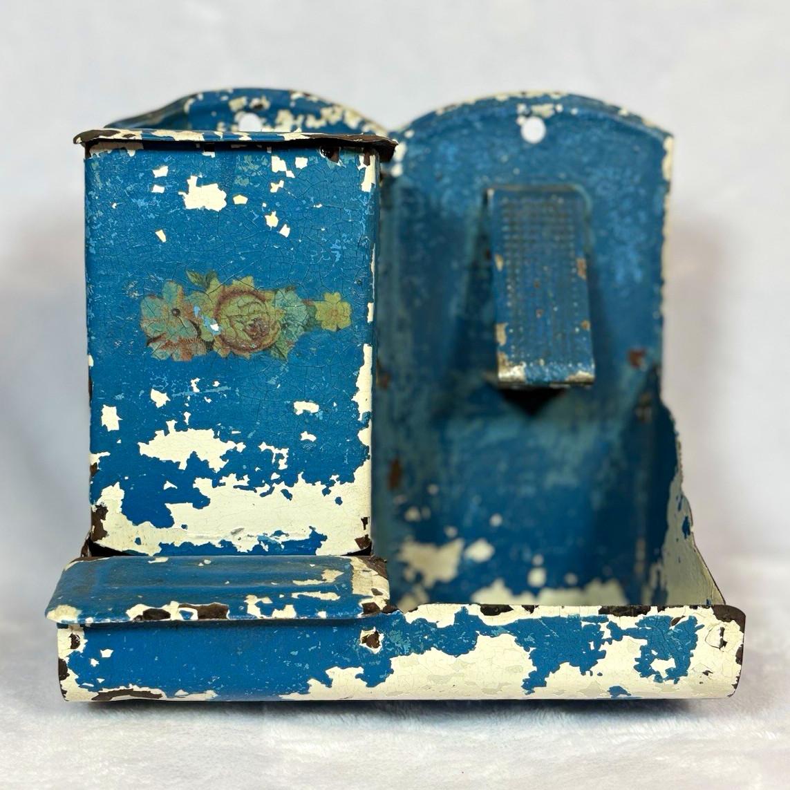 Early Tin Kitchen Match Dispenser Holder Caddy Chippy Blue Painted Floral As-Is