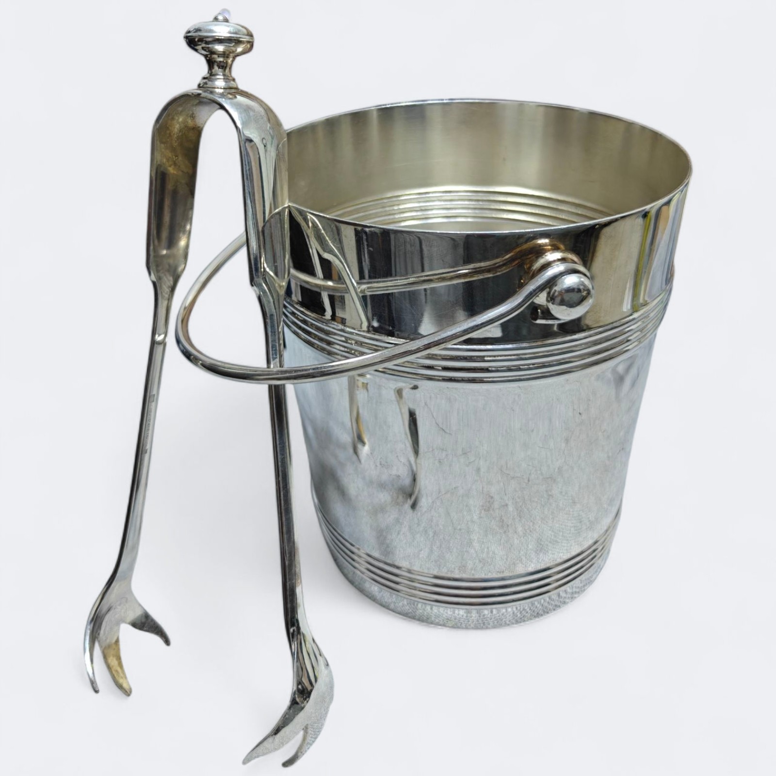 Christofle Biarritz Silver Plated Vintage Ice Bucket & Tongs Set France Art Deco