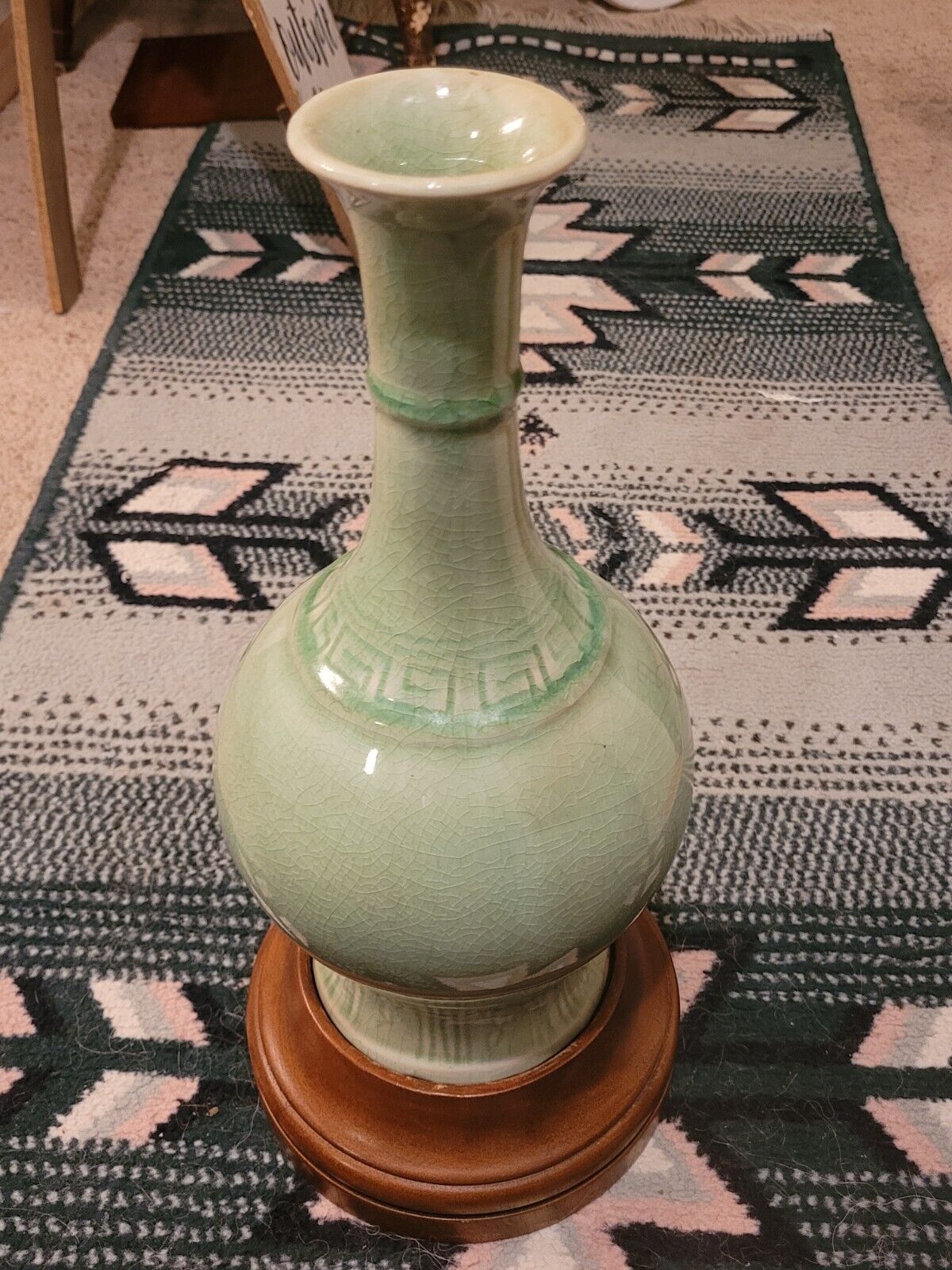 Chinese Ru Ware Celadon Green Vase With Wood Base Crackle Paint 20c