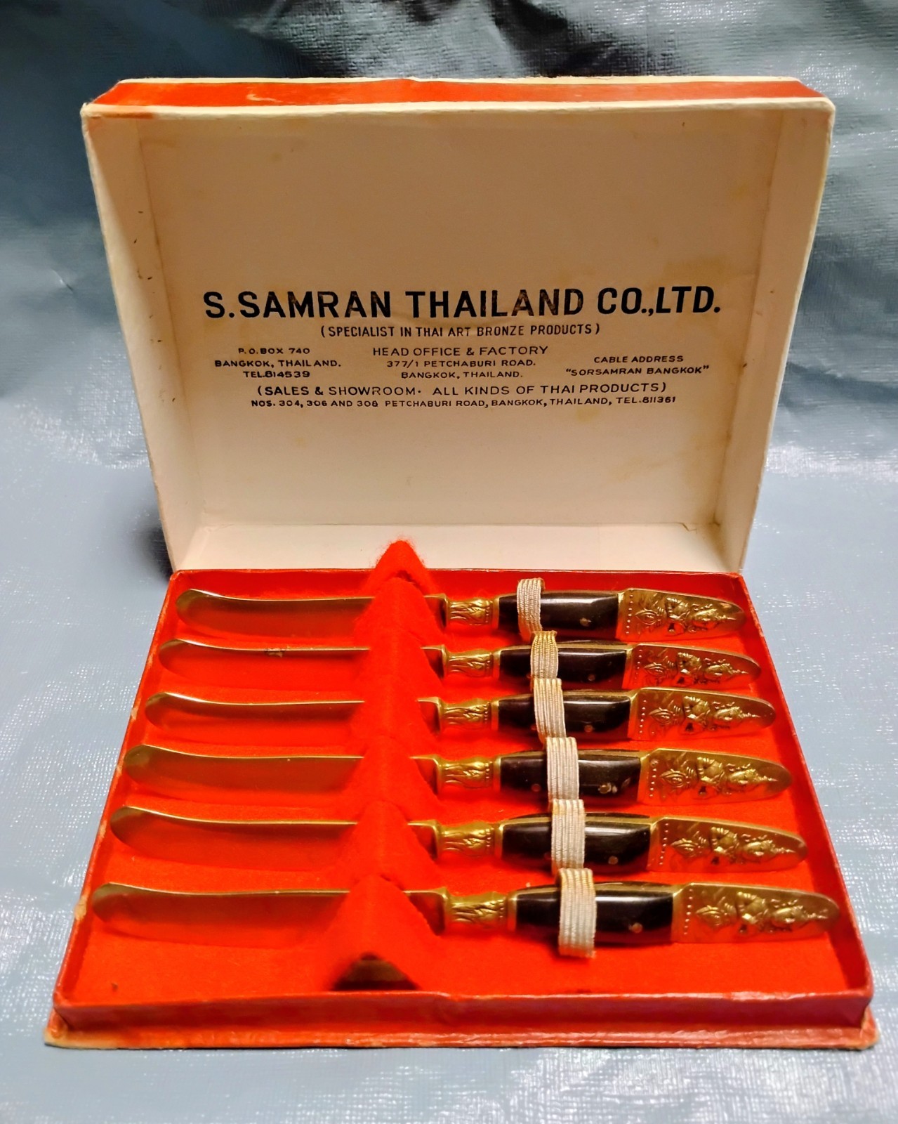 Vintage S. Samran Thailand Co., LTD. 6-Piece Bronze Knife Flatware Set + Buddha