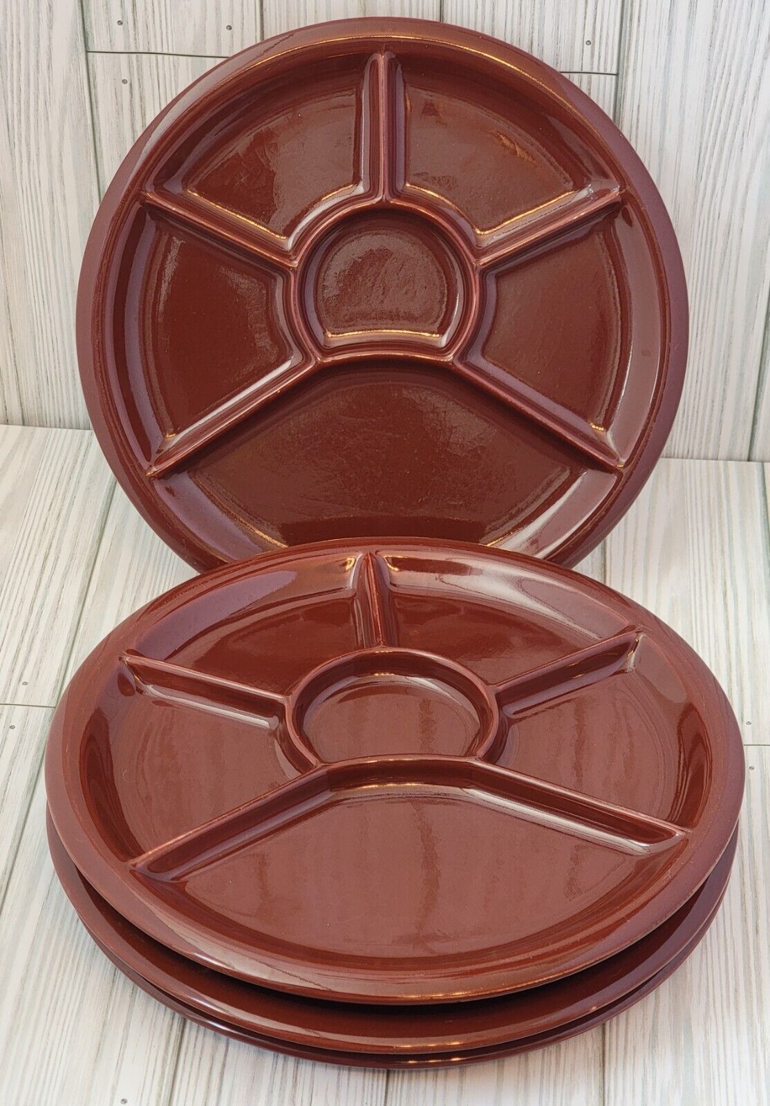 Set Of 4 Vintage Fondue Plates Chocolate Brown Divided Plates Charcuterie Plate