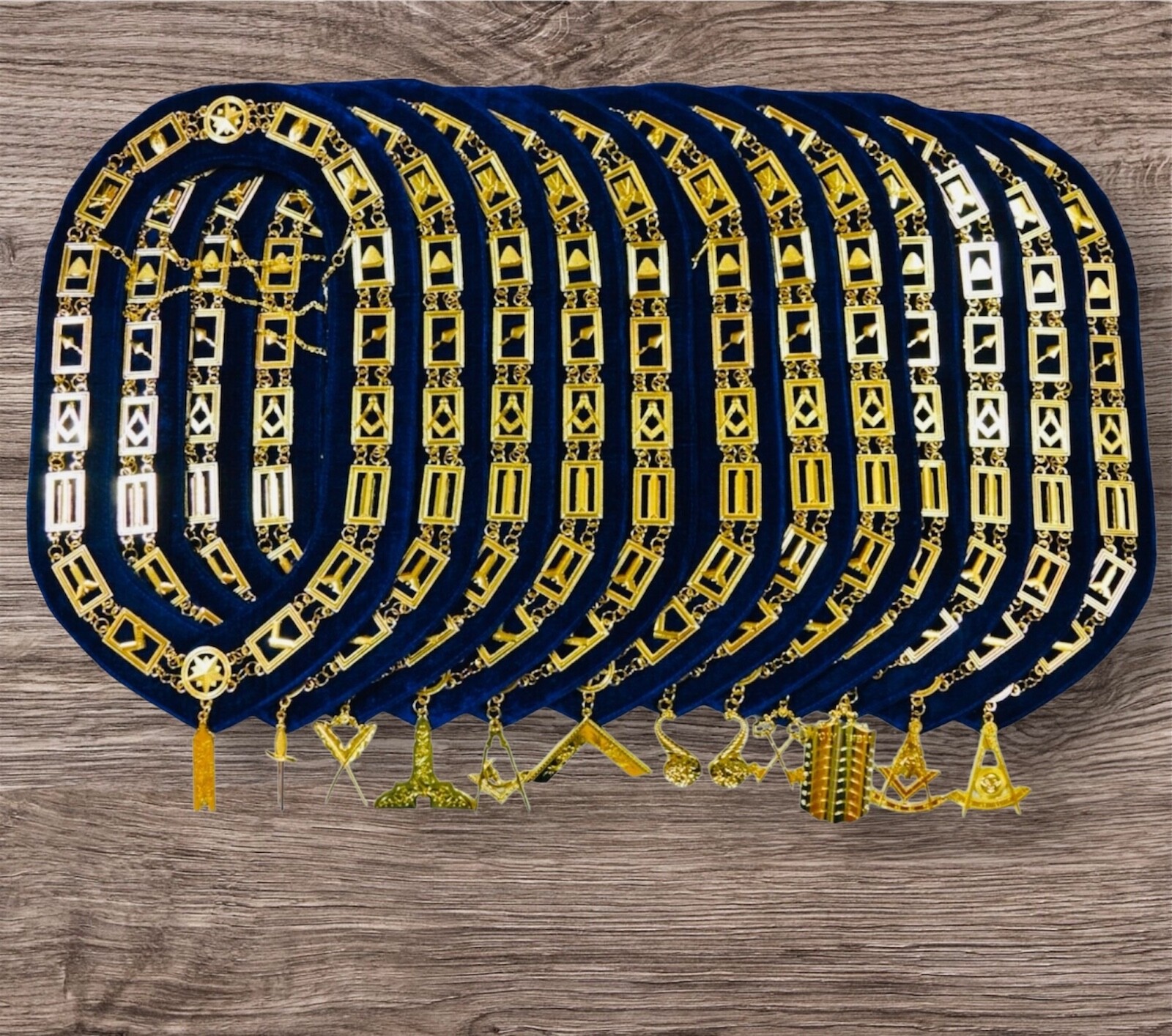 BLUE LODGE MASONIC Regalia CHAIN COLLAR WITH OFFICER GOLDEN JEWELS SET of 12 BLUE LODGE MASONIC Regalia CHAIN COLLAR WITH OFFICER GOLDEN JEWELS SET of 12