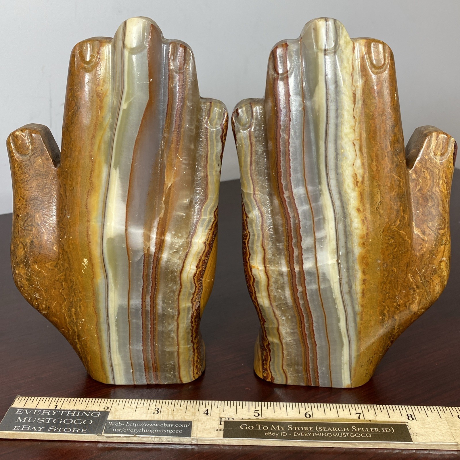 MANO A MANO HANDS Natural Rustic Veins Onyx Marble Pr Bookends Vtg Carved Stone