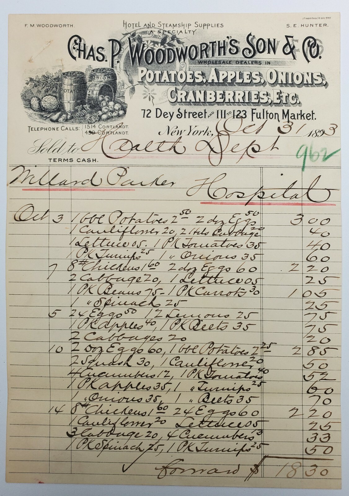 Antiquarian Bill of Lading Hotel & Steamship Supplies Dec 1893 Food for Hospital