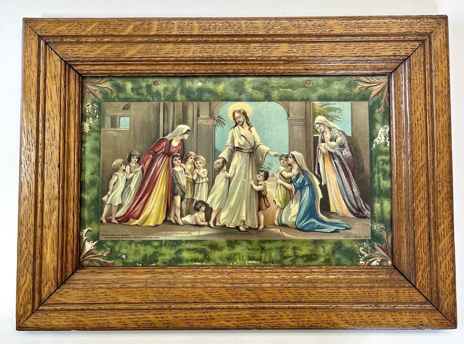 Antique Birn Bros Embossed Lithograph Print Jesus Blessing Children Oak Frame