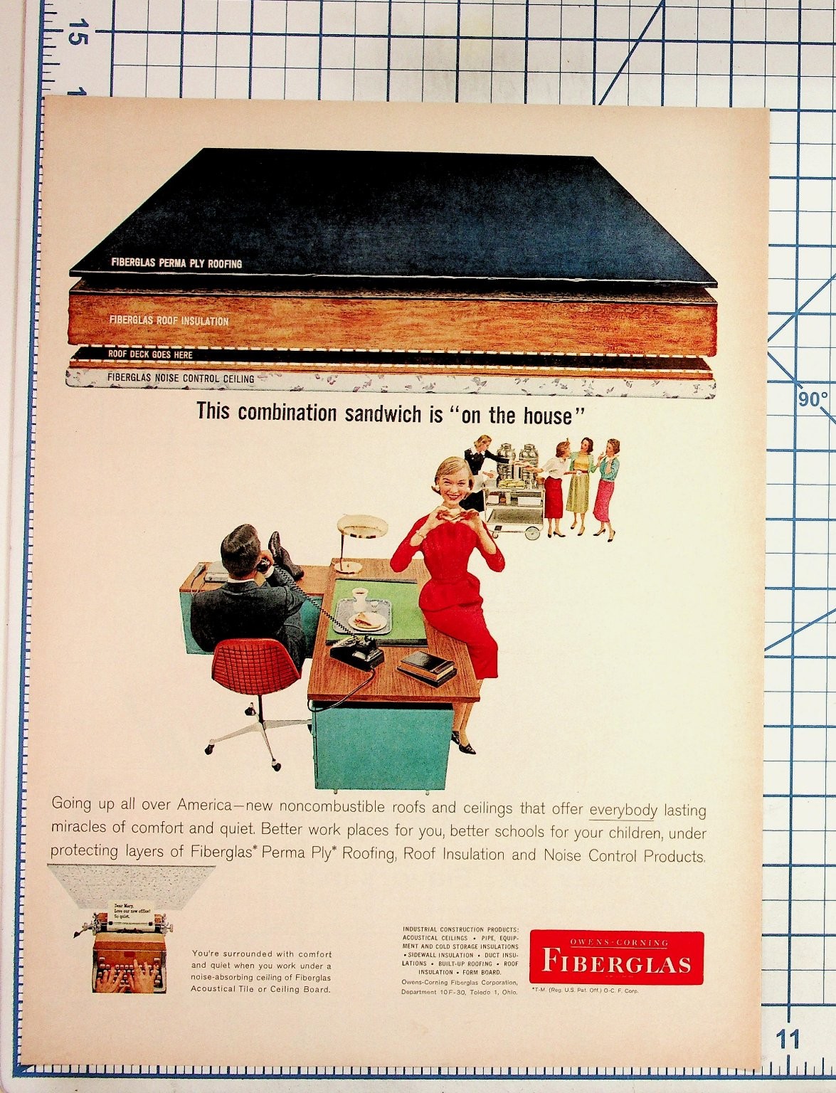1950s Owens-Corning Fiberglas Insulation Ad Mid-Century Modern Office Ephemera