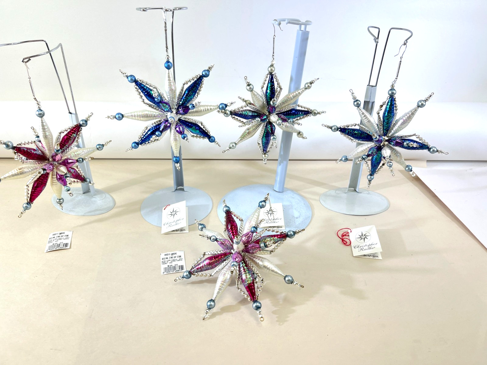 VTG Christopher Radko Astro Stars Ornaments Lot x5 Blue Fuchsia 3D Beaded DS51