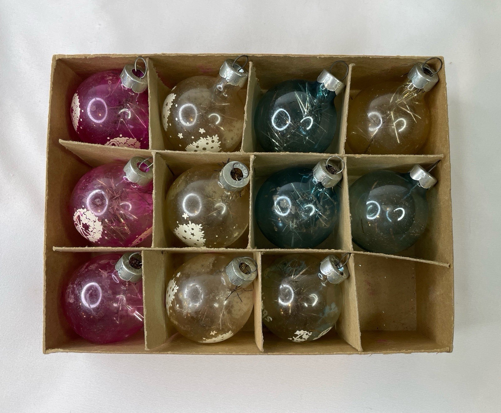 11 Vtg FRANKE Sm Unsilvered Xmas Ornaments  10 w/ Tinsel & 6 Stenciled (In Box)